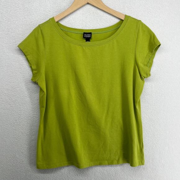 Eileen Fisher Tops - EILEEN FISHER Top L Stretch Organic Cotton Scoop Neck Cap Sleeve Green USA